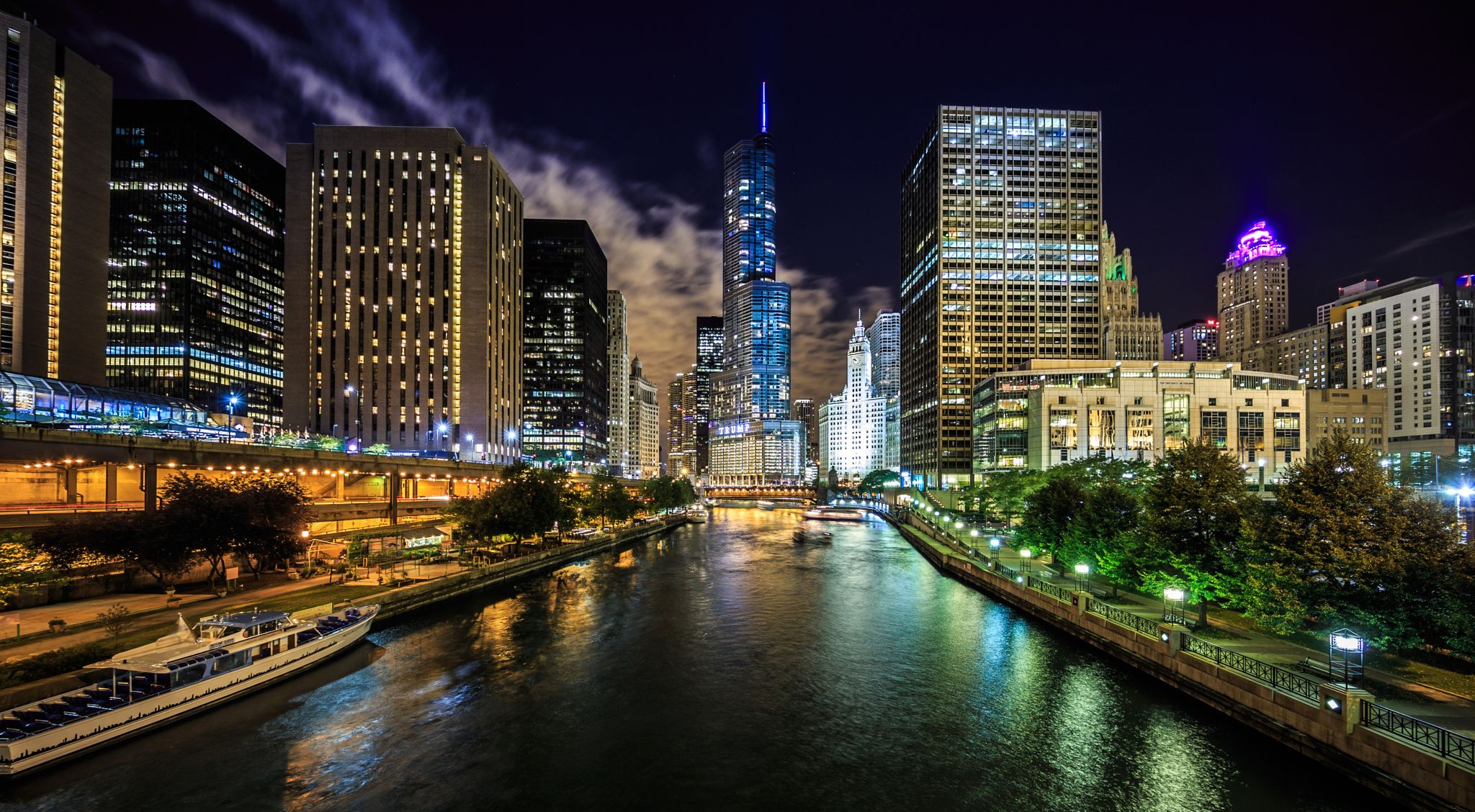 The Chicago Riverwalk at night, downtown Chicago
